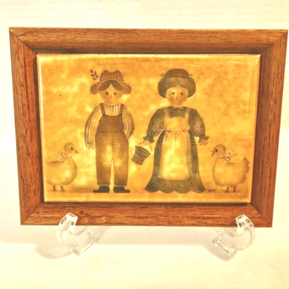 Vintage Kimberly Enterprises MiMi Folk Art Amish Couple Framed Ceramic T…